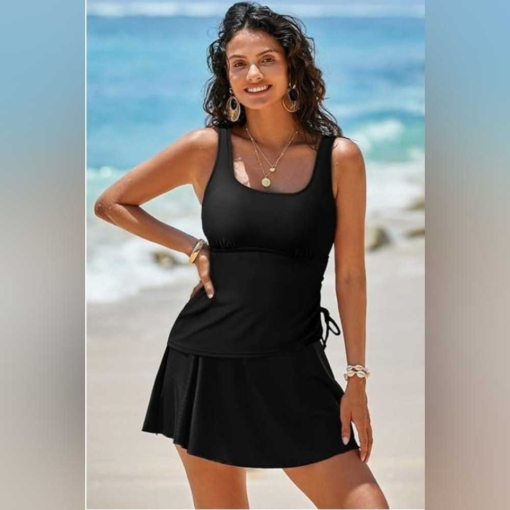 Elegant Black Women's 2 Piece Tankini With Skirt, Size Medium